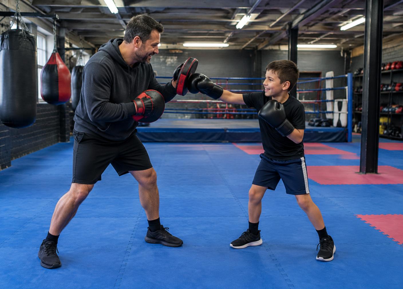 Father and son training together with boxing pads